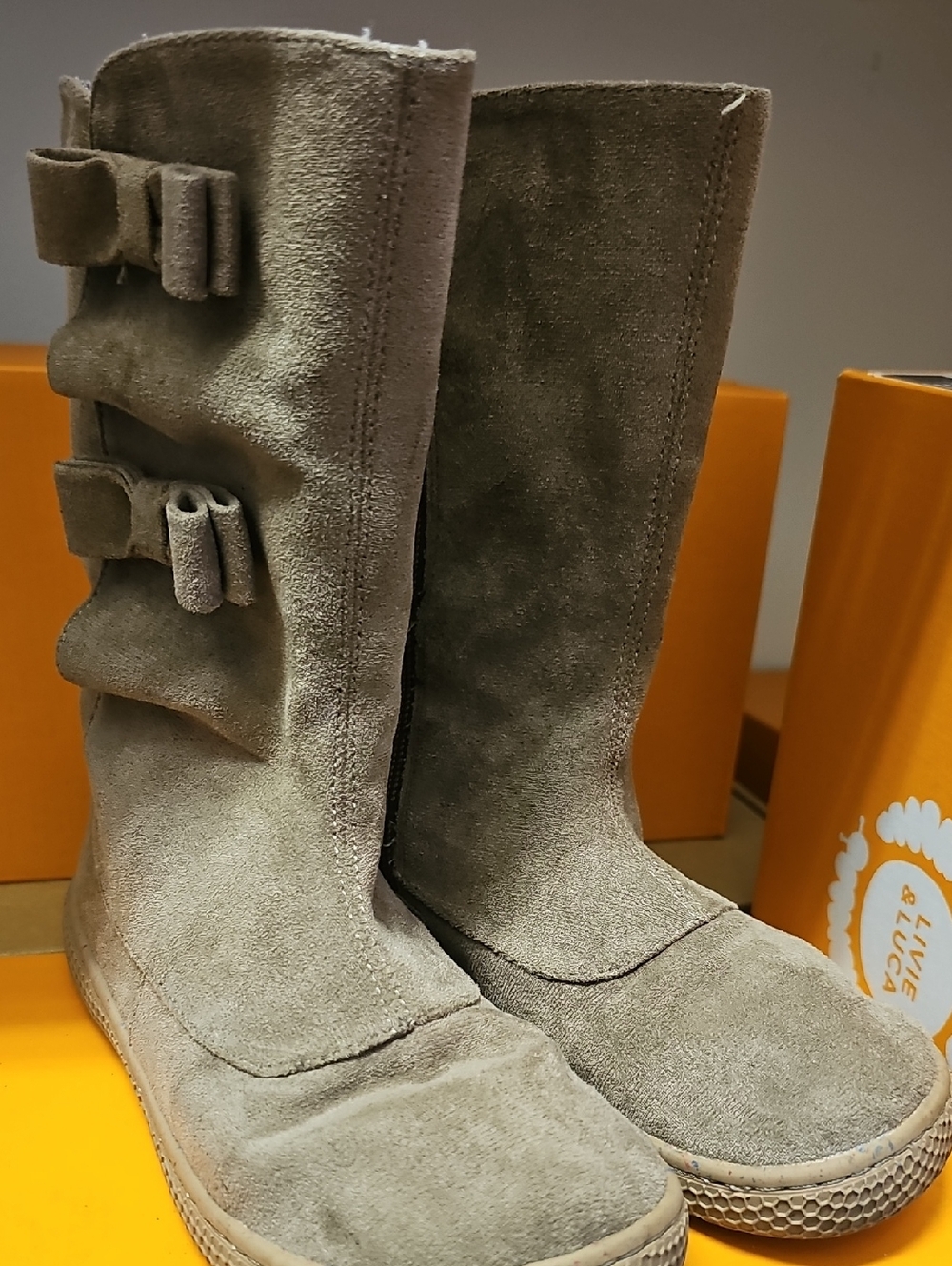 Livie & Luca Taupe Suede Kids' Mid-Calf Boots with Side Bows